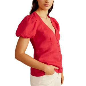 Boden Linen Fitted V Neck Top Size 8 US Bright Red Button Up Shirt Puff Sleeve